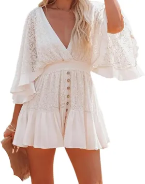 Women's Batwing Sleeve Backless Romper Dress - Lace Crochet Mini Dress for Beach, Party & Vacation