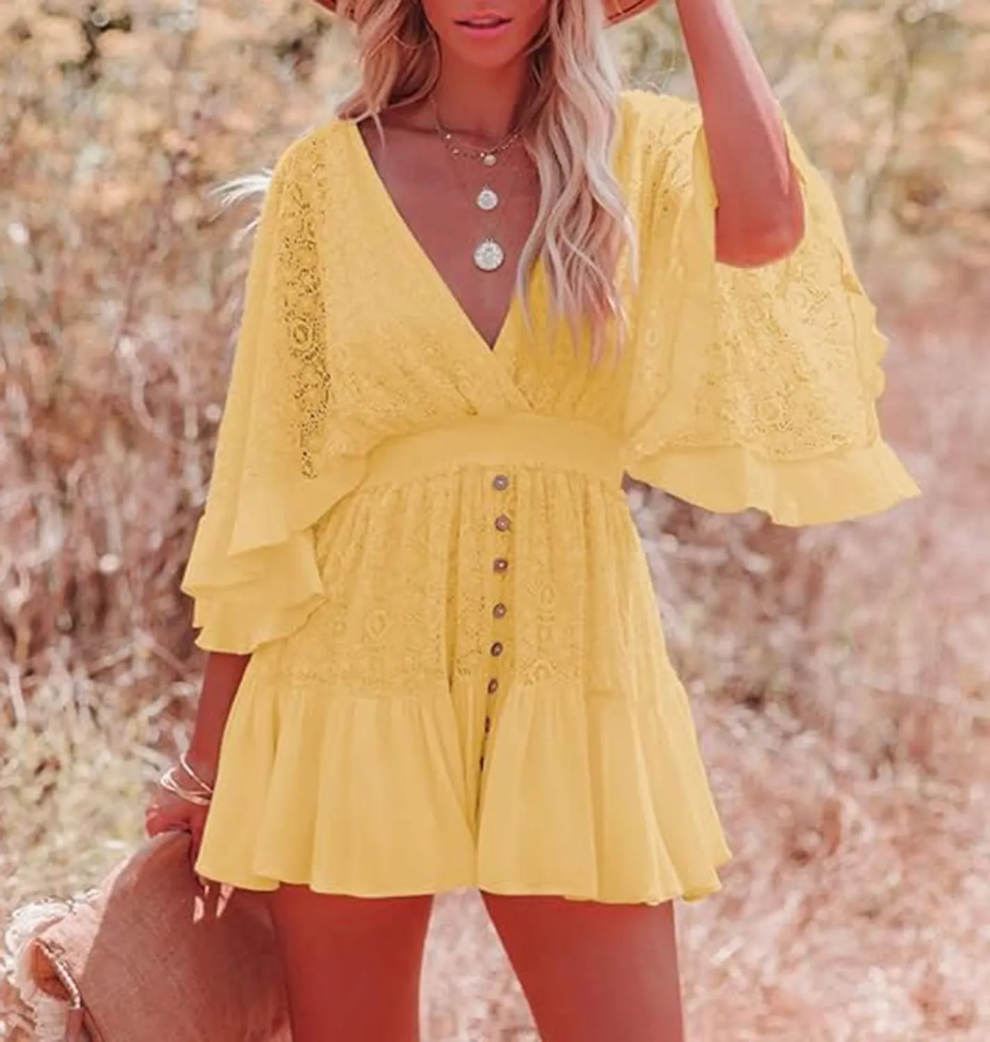 Women's Batwing Sleeve Backless Romper Dress - Lace Crochet Mini Dress for Beach, Party & Vacation