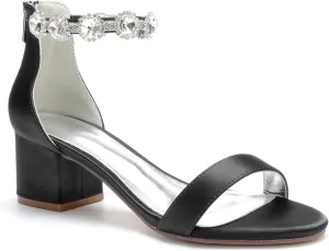 Women's Block Chunky Pumps, Open Toe Ankle Strap Dress Comfort Sandals,Rhinestones Prom Wedding Party Evening Shoes