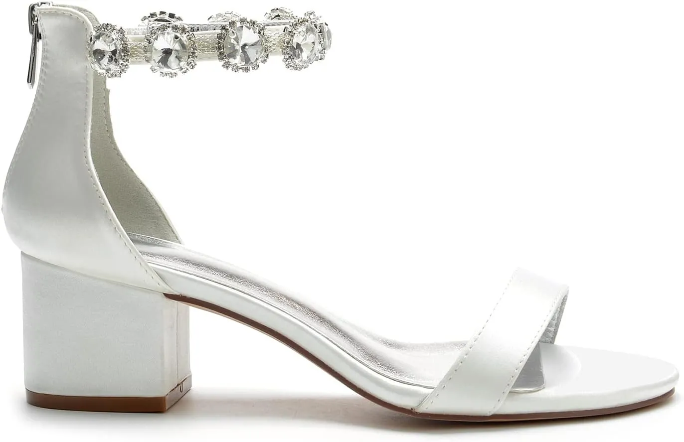 Women's Block Chunky Pumps, Open Toe Ankle Strap Dress Comfort Sandals,Rhinestones Prom Wedding Party Evening Shoes