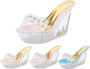 Women's Clear Wedge Sandals with Rhinestones – Open Toe Slip-On Heels, Transparent High Platform Mules for Summer Parties, Weddings & Daily Chic Style