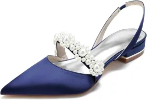 Women's Closed Toe Wedding Flats Slingback Pump Shoes with Pearls Wedding Comfort Low Heel Evening Dress Work Shoes,Satin Pearl Flats Pumps