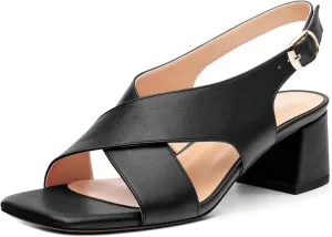 Women's Criss-Cross Strap Slingback Sandals Block Chunky Low Heels Square Open Toe Matte Comfort Casual Dress Shoes 2 Inch