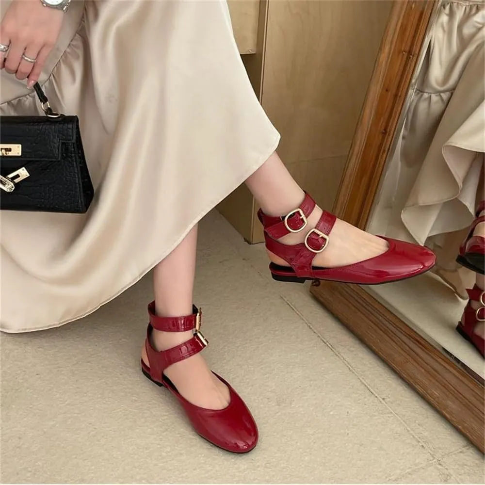 Women's Double Buckled Slingback Ballet Flats Round Toe Ankle Strap Dress Flat Shoes