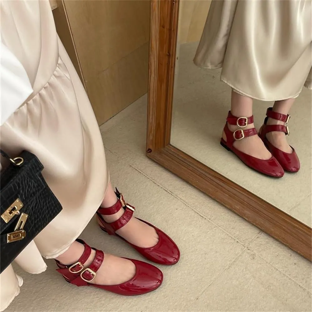 Women's Double Buckled Slingback Ballet Flats Round Toe Ankle Strap Dress Flat Shoes