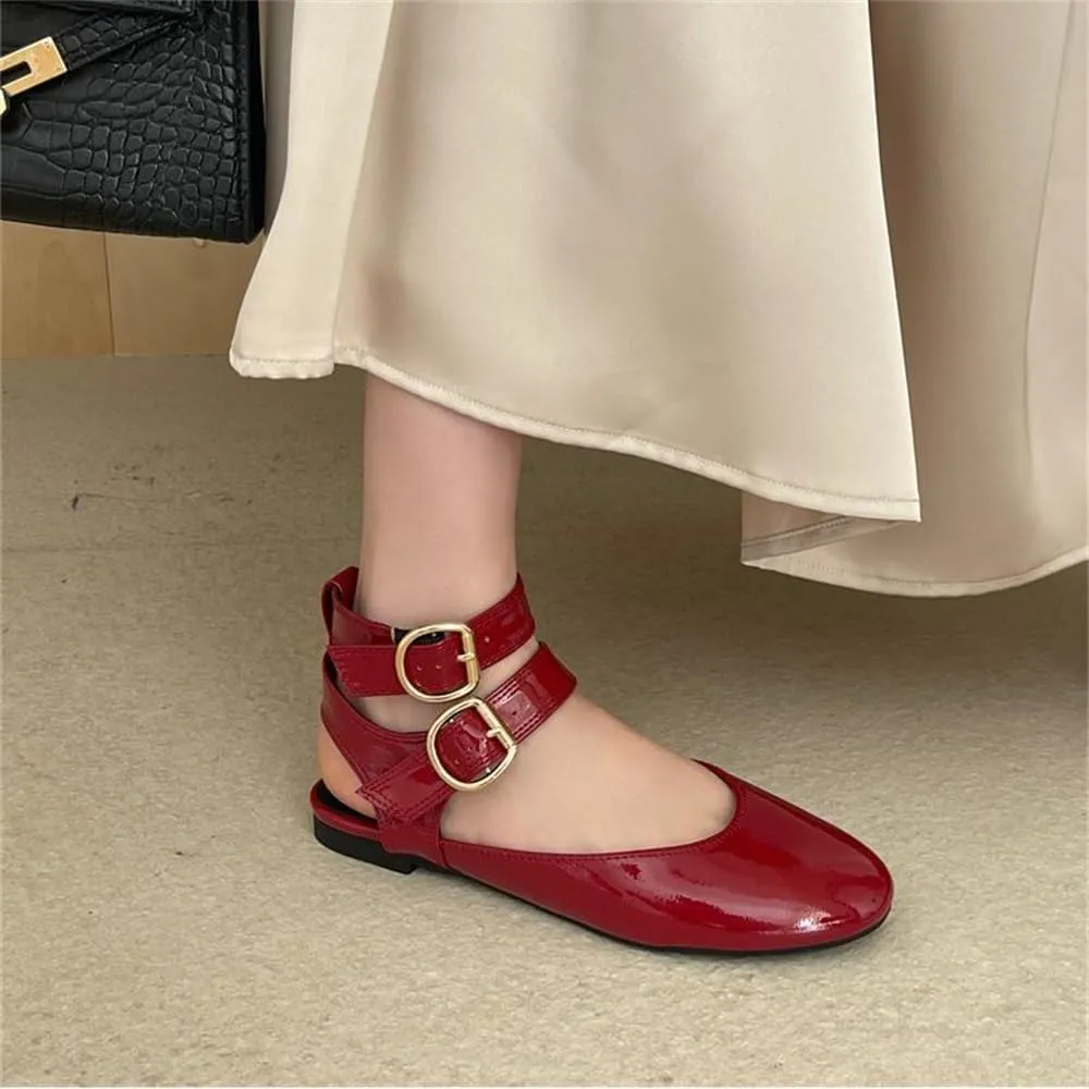 Women's Double Buckled Slingback Ballet Flats Round Toe Ankle Strap Dress Flat Shoes