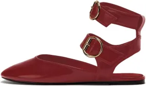 Women's Double Buckled Slingback Ballet Flats Round Toe Ankle Strap Dress Flat Shoes