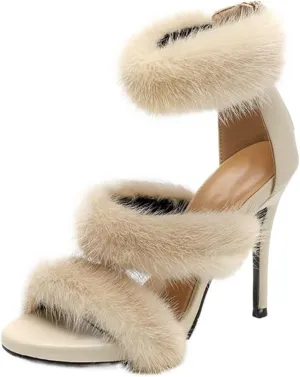 Women's Feather Stiletto Heels Open Toe Fluffy High Heel Sandals Wedding Party Dance Evening Shoes