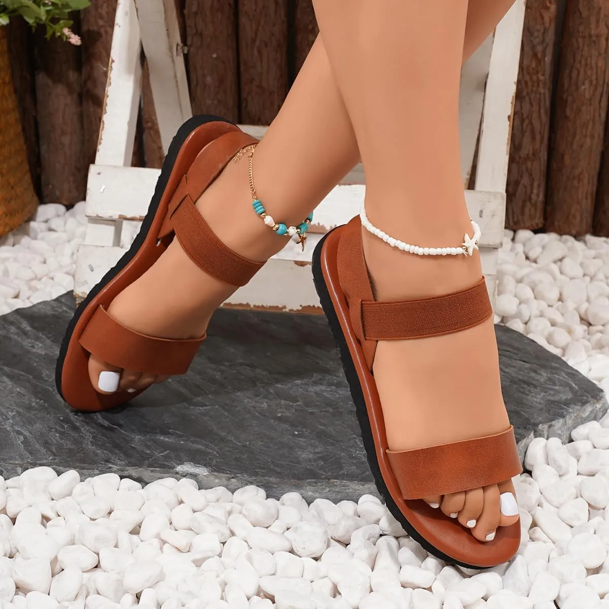 Women's Flat Sandals, Brown Leather Strappy Summer Shoes with Elastic Band, Comfort Sole