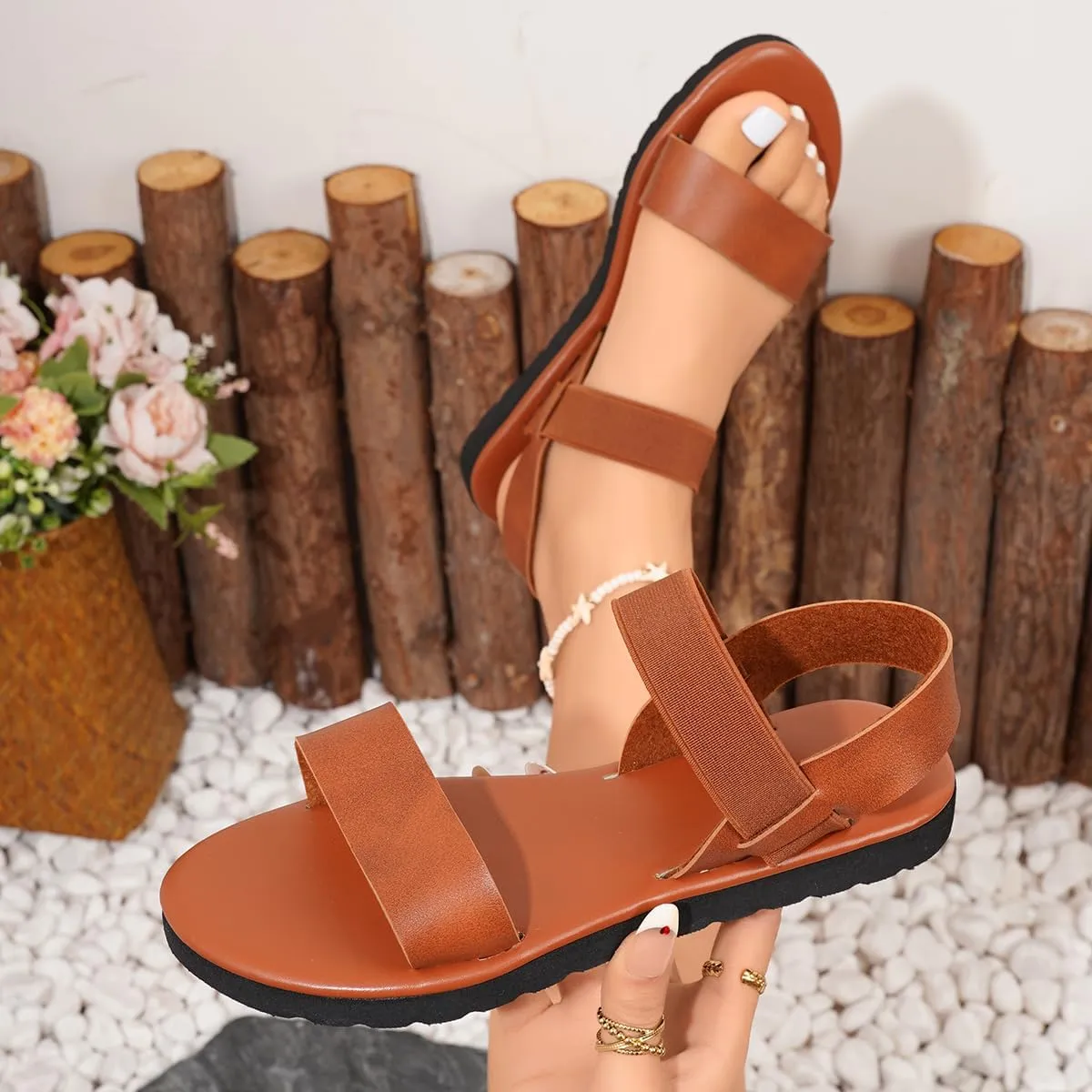 Women's Flat Sandals, Brown Leather Strappy Summer Shoes with Elastic Band, Comfort Sole