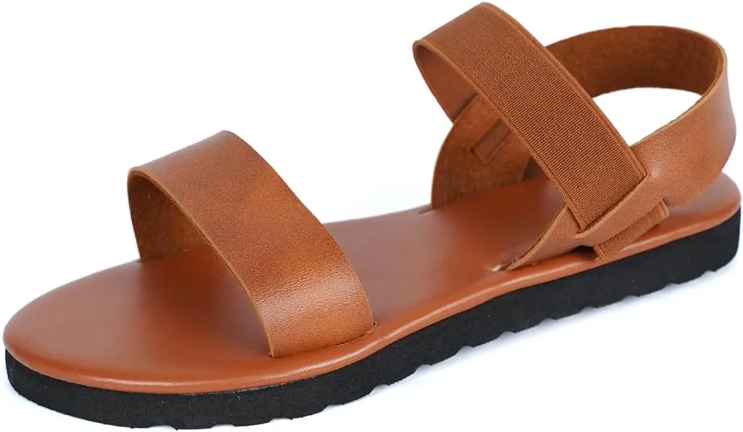Women's Flat Sandals, Brown Leather Strappy Summer Shoes with Elastic Band, Comfort Sole