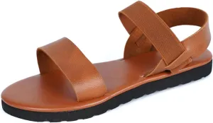 Women's Flat Sandals, Brown Leather Strappy Summer Shoes with Elastic Band, Comfort Sole