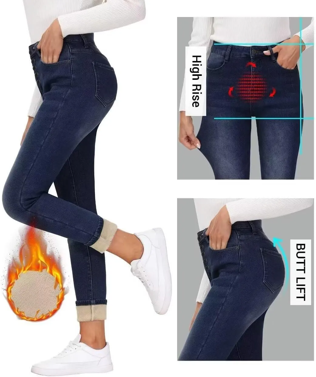 Women's Fleece Lined Jeans Skinny High Waisted Winter Thick Fleece Warm Stretch Fleece Lining Women Jeans Pants