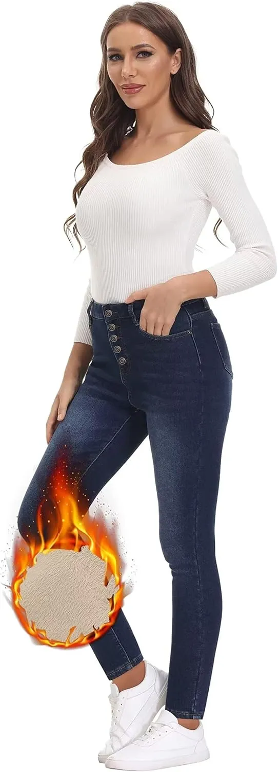 Women's Fleece Lined Jeans Skinny High Waisted Winter Thick Fleece Warm Stretch Fleece Lining Women Jeans Pants