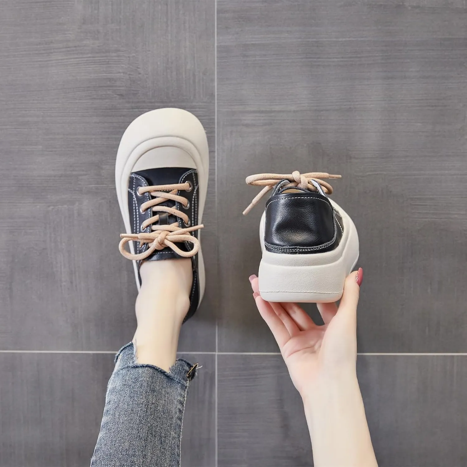 Women's Genuine Leather Lace up Platform Sneakers Comfortable Wide Round Toe Non Slip Heighten Cute Walking Shoes for Party Traveling Shopping Casual Shoes