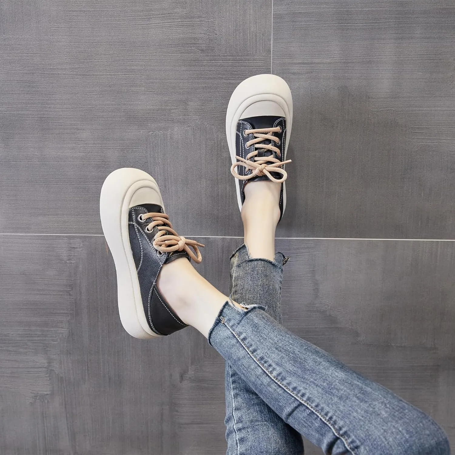 Women's Genuine Leather Lace up Platform Sneakers Comfortable Wide Round Toe Non Slip Heighten Cute Walking Shoes for Party Traveling Shopping Casual Shoes