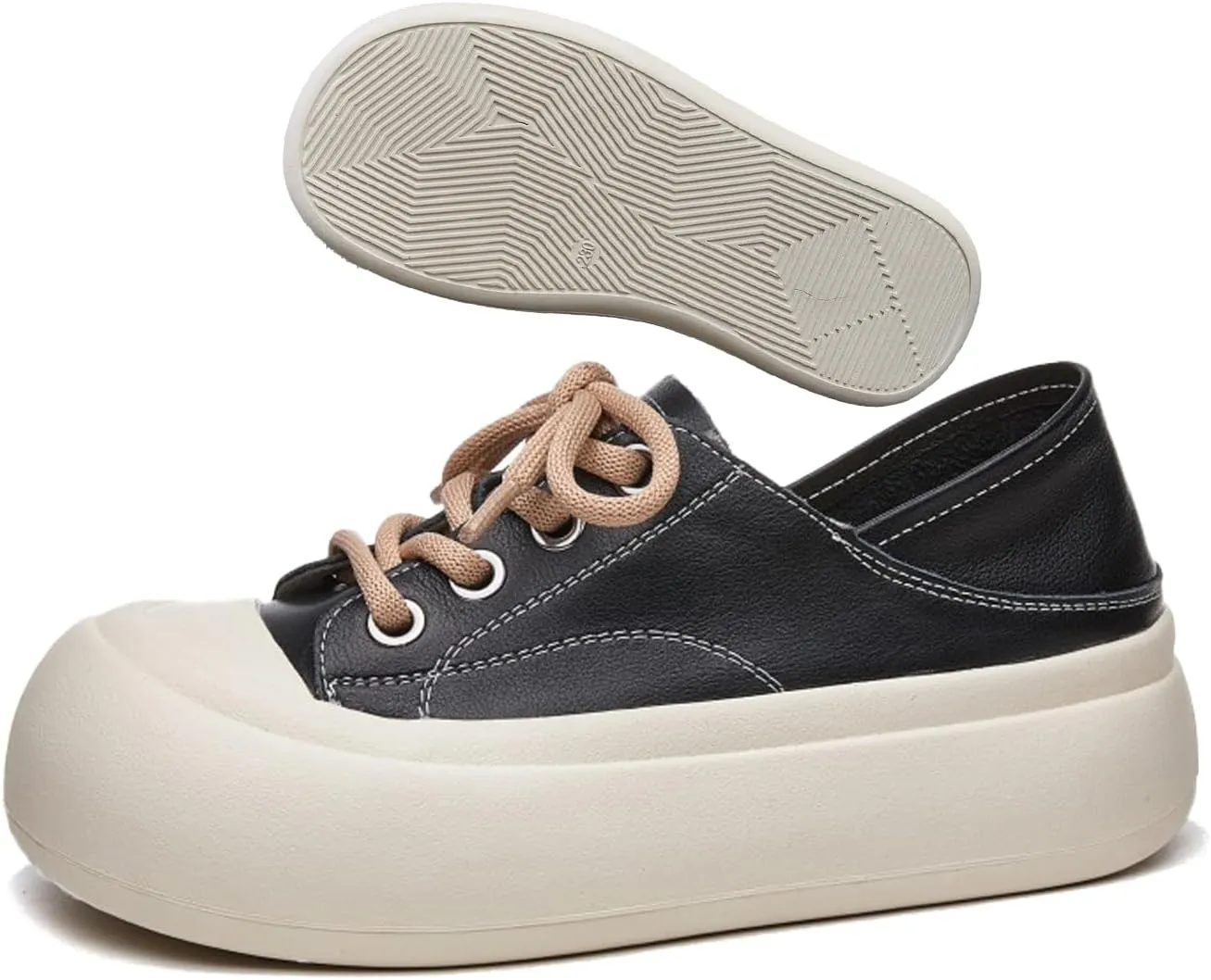 Women's Genuine Leather Lace up Platform Sneakers Comfortable Wide Round Toe Non Slip Heighten Cute Walking Shoes for Party Traveling Shopping Casual Shoes