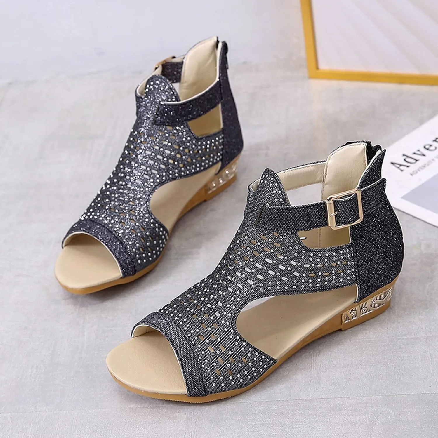 Womens Glitter Open Toe Sandals with Buckle Wedge Heel Dressy Footwear Summer Beach Hollow Out Sandal for Evening