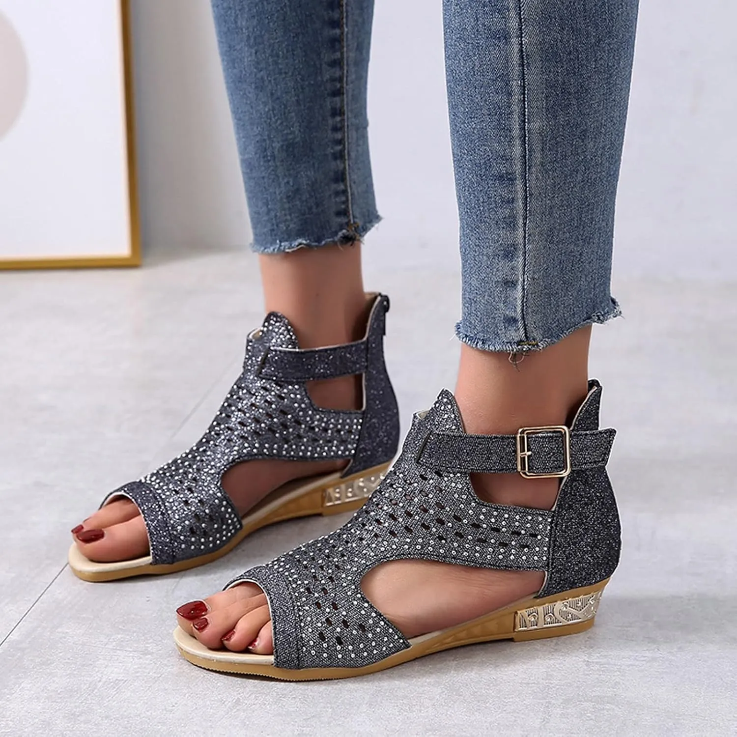 Womens Glitter Open Toe Sandals with Buckle Wedge Heel Dressy Footwear Summer Beach Hollow Out Sandal for Evening