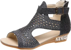 Womens Glitter Open Toe Sandals with Buckle Wedge Heel Dressy Footwear Summer Beach Hollow Out Sandal for Evening