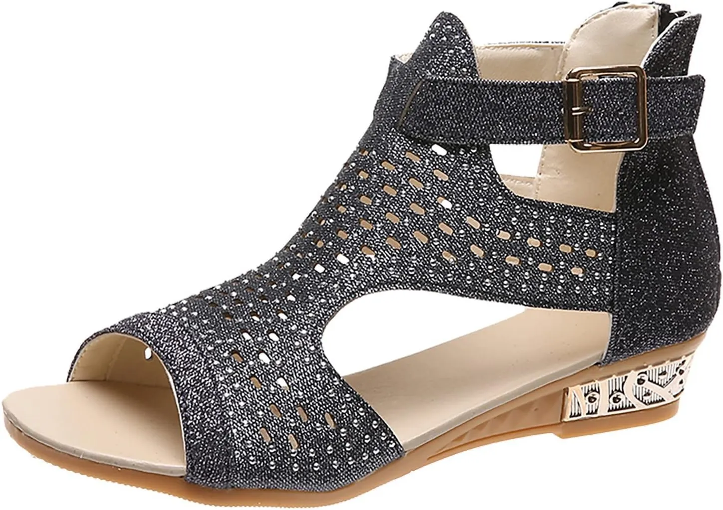Womens Glitter Open Toe Sandals with Buckle Wedge Heel Dressy Footwear Summer Beach Hollow Out Sandal for Evening