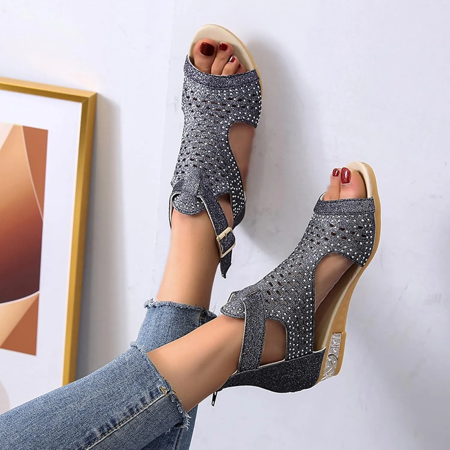 Womens Glitter Open Toe Sandals with Buckle Wedge Heel Dressy Footwear Summer Beach Hollow Out Sandal for Evening