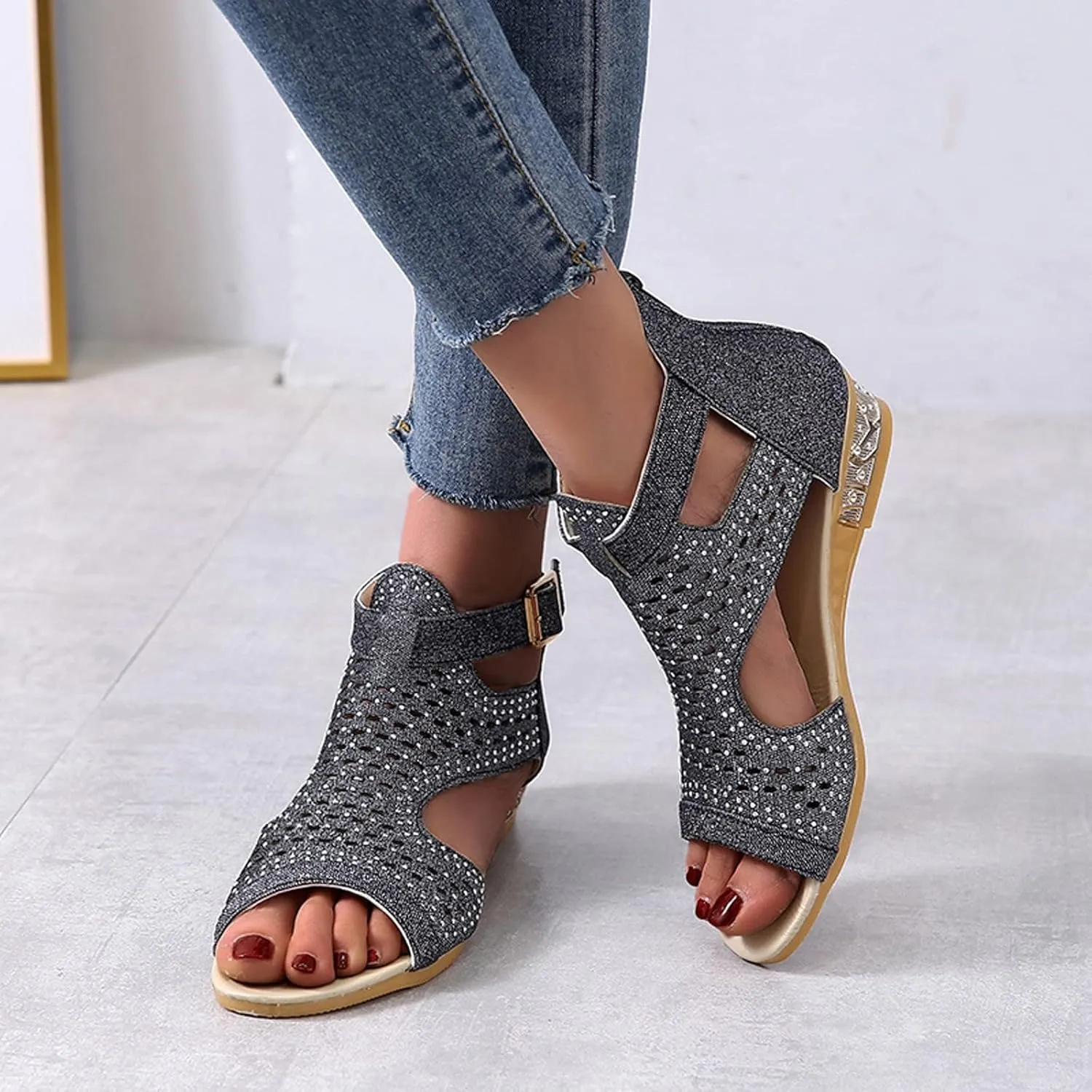 Womens Glitter Open Toe Sandals with Buckle Wedge Heel Dressy Footwear Summer Beach Hollow Out Sandal for Evening