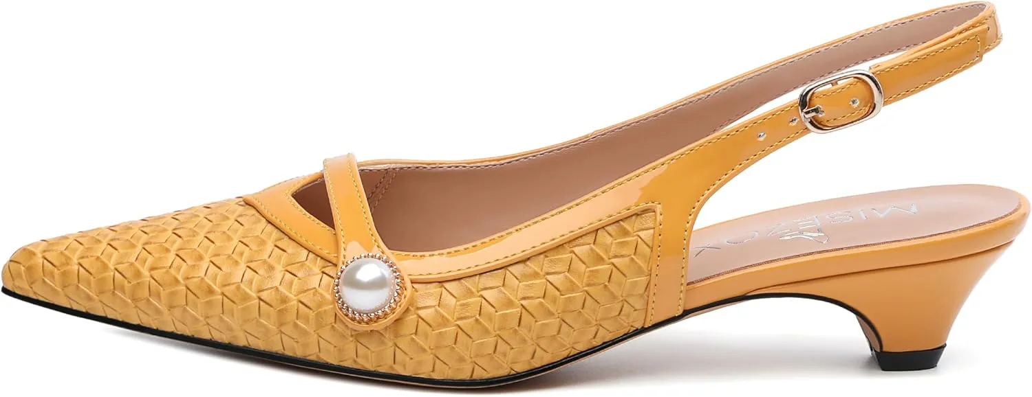 Womens Heeled Slingback Pumps, Pointed Toe Low Thick Kitten Heel Slingback Shoes for Women, Embossed Woven Shoes with Pearl Decoration 1.2"