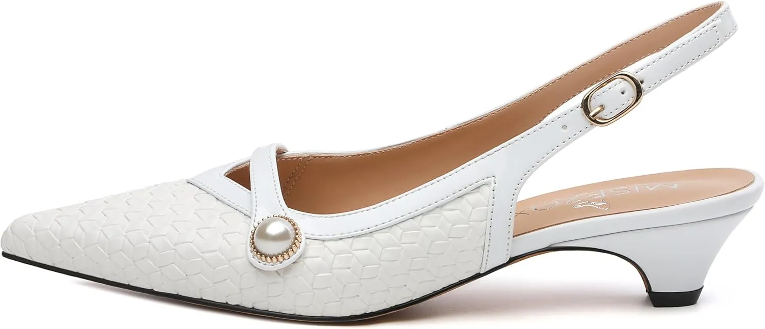 Womens Heeled Slingback Pumps, Pointed Toe Low Thick Kitten Heel Slingback Shoes for Women, Embossed Woven Shoes with Pearl Decoration 1.2"