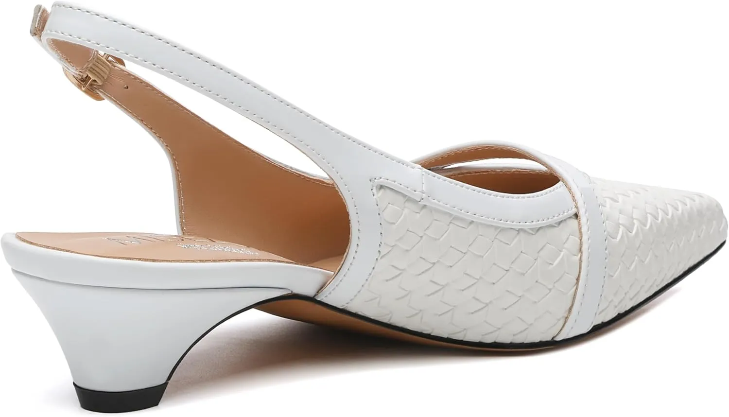 Womens Heeled Slingback Pumps, Pointed Toe Low Thick Kitten Heel Slingback Shoes for Women, Embossed Woven Shoes with Pearl Decoration 1.2"