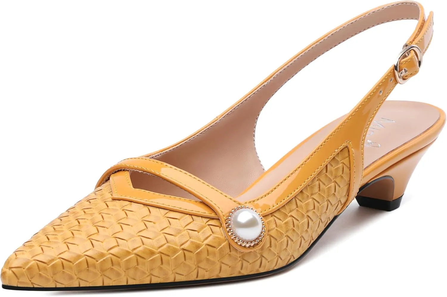 Womens Heeled Slingback Pumps, Pointed Toe Low Thick Kitten Heel Slingback Shoes for Women, Embossed Woven Shoes with Pearl Decoration 1.2"
