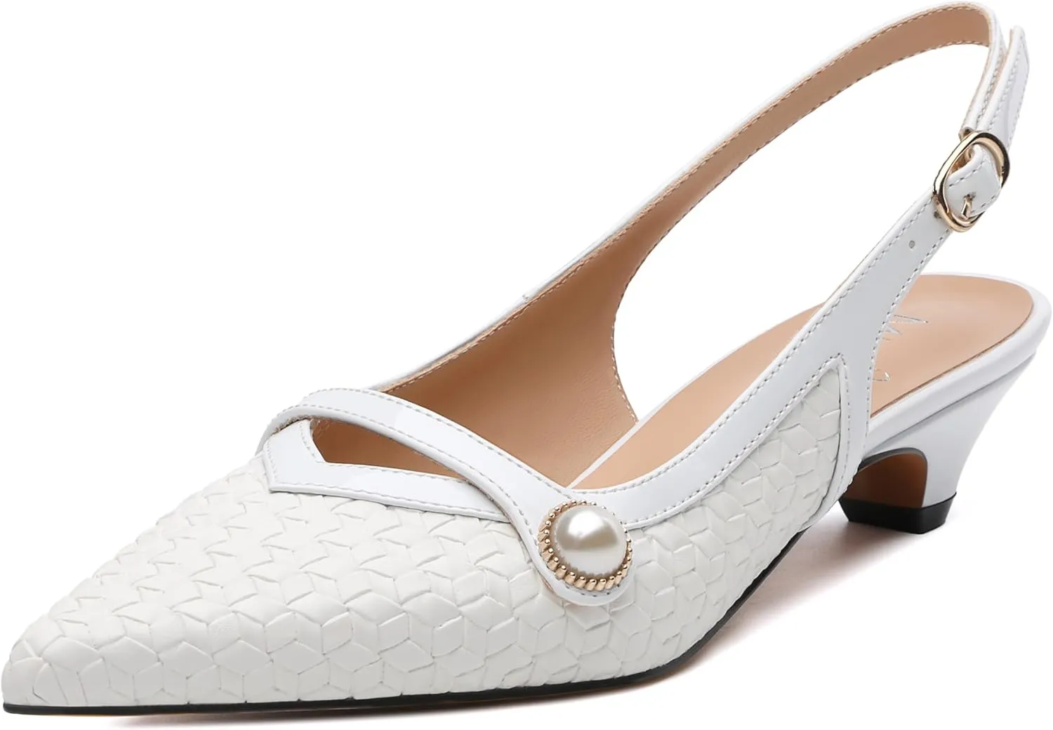 Womens Heeled Slingback Pumps, Pointed Toe Low Thick Kitten Heel Slingback Shoes for Women, Embossed Woven Shoes with Pearl Decoration 1.2"