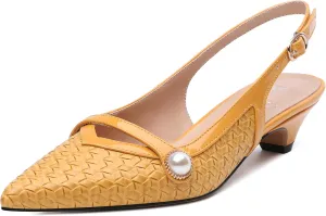Womens Heeled Slingback Pumps, Pointed Toe Low Thick Kitten Heel Slingback Shoes for Women, Embossed Woven Shoes with Pearl Decoration 1.2"