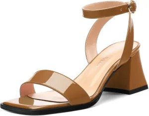 Women's High Chunky Heels Square Toe Block Ankle Strap Dress Comfort Sandals, 2" Heel Height