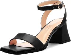 Women's High Chunky Heels Square Toe Block Ankle Strap Dress Comfort Sandals, 2" Heel Height