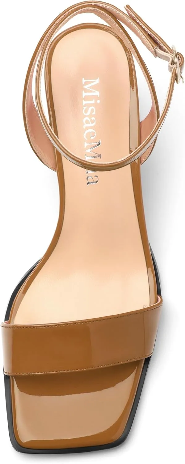 Women's High Chunky Heels Square Toe Block Ankle Strap Dress Comfort Sandals, 2" Heel Height