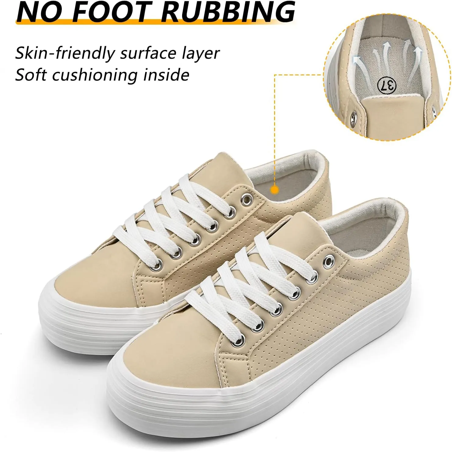 Women's High Platform Fashion Sneakers, White, Breathable, Lace Up, Tennis Shoes, Comfortable, Casual