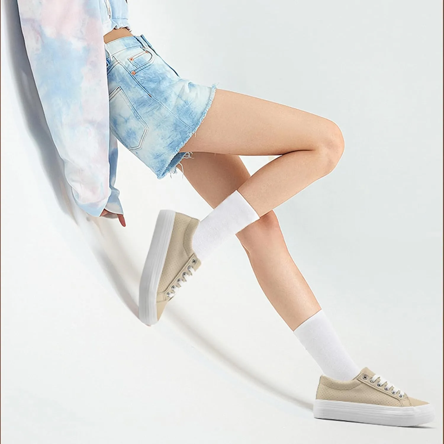 Women's High Platform Fashion Sneakers, White, Breathable, Lace Up, Tennis Shoes, Comfortable, Casual
