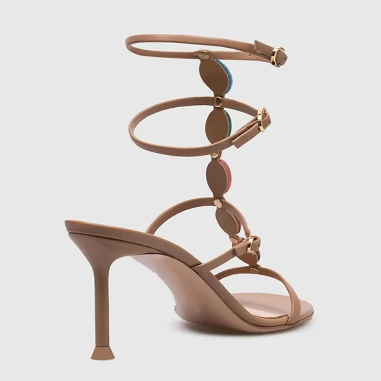 Women's Jeweled Stone Gladiator Sandals T strap Buckle Trio Sandals Mid Heel Ankle Strap Shoes
