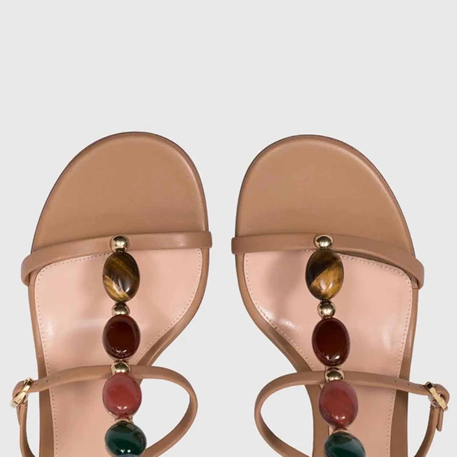 Women's Jeweled Stone Gladiator Sandals T strap Buckle Trio Sandals Mid Heel Ankle Strap Shoes