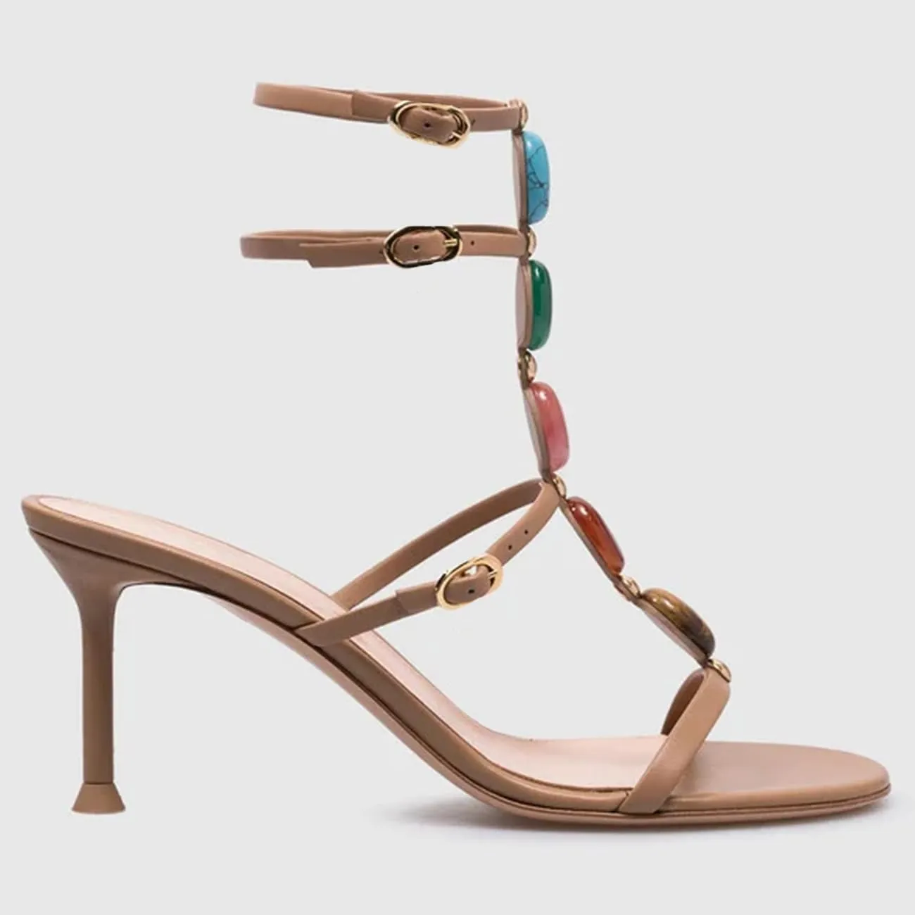 Women's Jeweled Stone Gladiator Sandals T strap Buckle Trio Sandals Mid Heel Ankle Strap Shoes