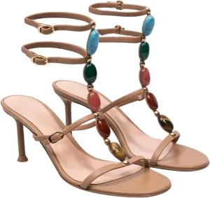 Women's Jeweled Stone Gladiator Sandals T strap Buckle Trio Sandals Mid Heel Ankle Strap Shoes