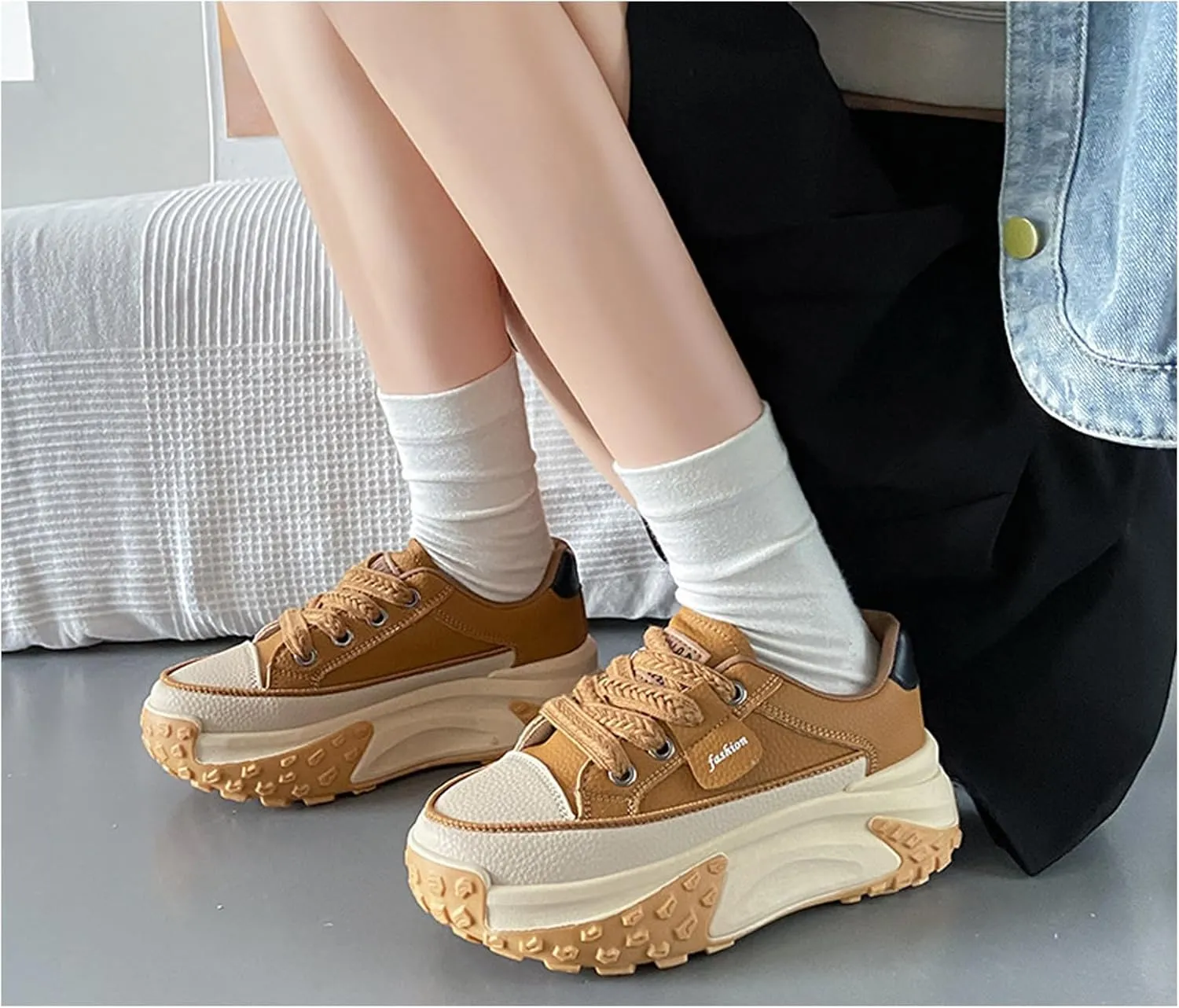 Women's Leather Soft Casual Sneakers,Lace-Up Platform Sneakers,Anti-Slip Shock Absorbing Heighten Fashion Running Sneakers