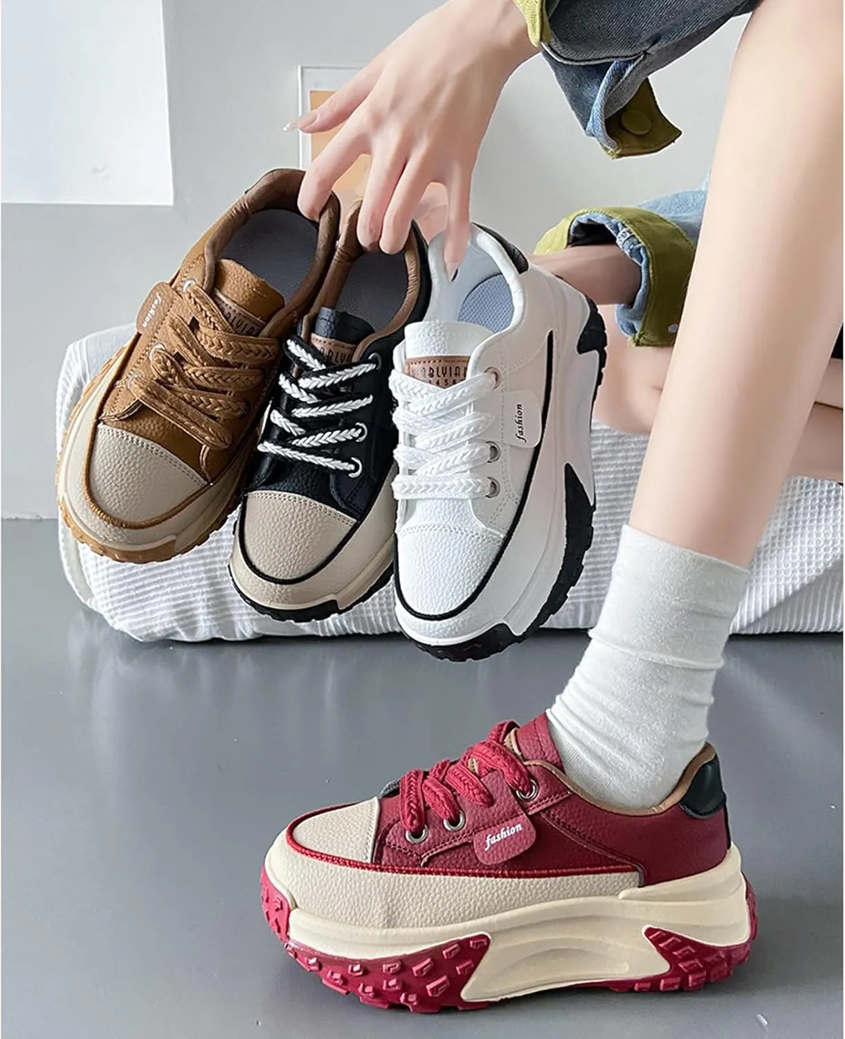 Women's Leather Soft Casual Sneakers,Lace-Up Platform Sneakers,Anti-Slip Shock Absorbing Heighten Fashion Running Sneakers