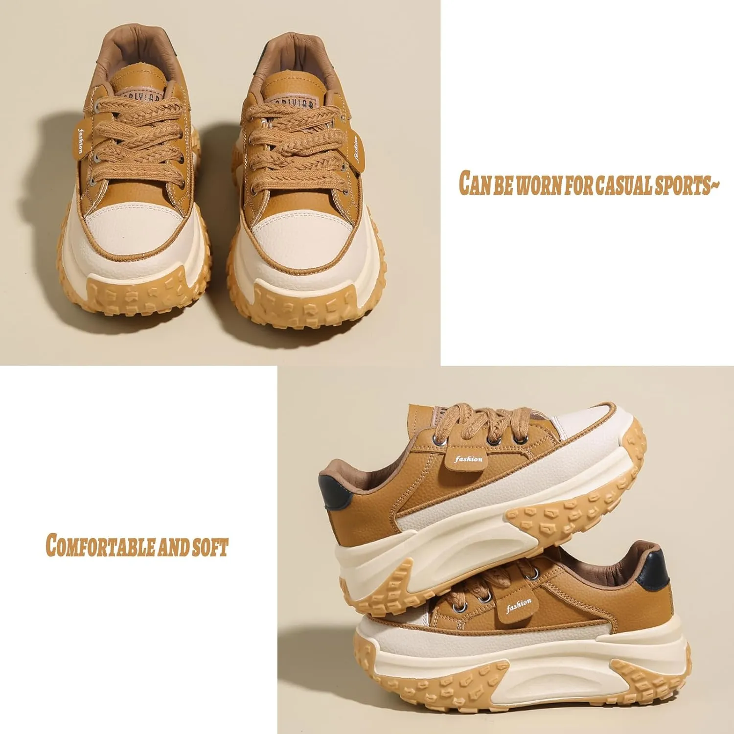 Women's Leather Soft Casual Sneakers,Lace-Up Platform Sneakers,Anti-Slip Shock Absorbing Heighten Fashion Running Sneakers