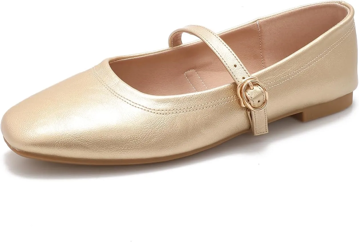 Women's Mary Jane Flat Shoes Square Toe Dressy Ballet Flat for Women Soft Slip On Gold Brown Flats Daily Party Office Shoes with Easy Buckle