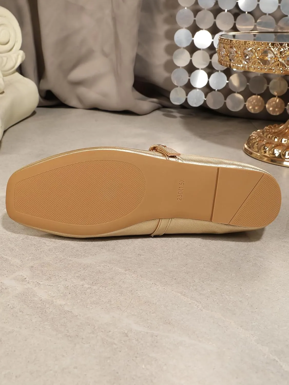 Women's Mary Jane Flat Shoes Square Toe Dressy Ballet Flat for Women Soft Slip On Gold Brown Flats Daily Party Office Shoes with Easy Buckle