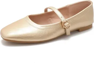Women's Mary Jane Flat Shoes Square Toe Dressy Ballet Flat for Women Soft Slip On Gold Brown Flats Daily Party Office Shoes with Easy Buckle