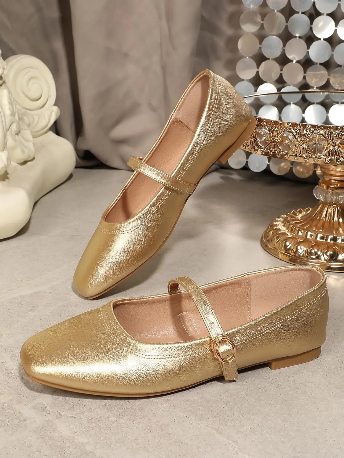 Women's Mary Jane Flat Shoes Square Toe Dressy Ballet Flat for Women Soft Slip On Gold Brown Flats Daily Party Office Shoes with Easy Buckle