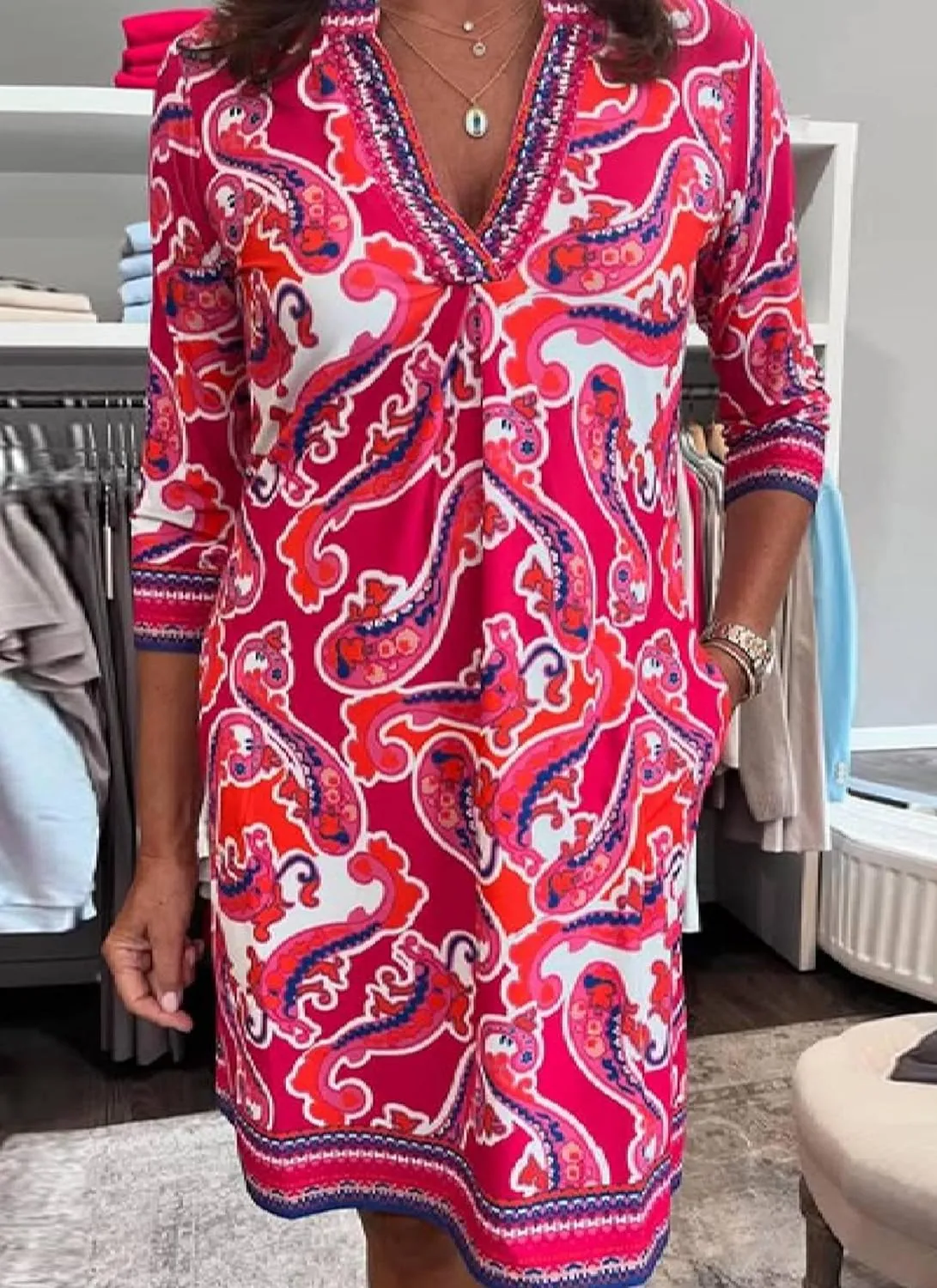 Women's Pink Paisley Print Deep V-Neck 3/4 Sleeve Casual Dress 2025 Spring Comfortable Wearing Midi Dresses